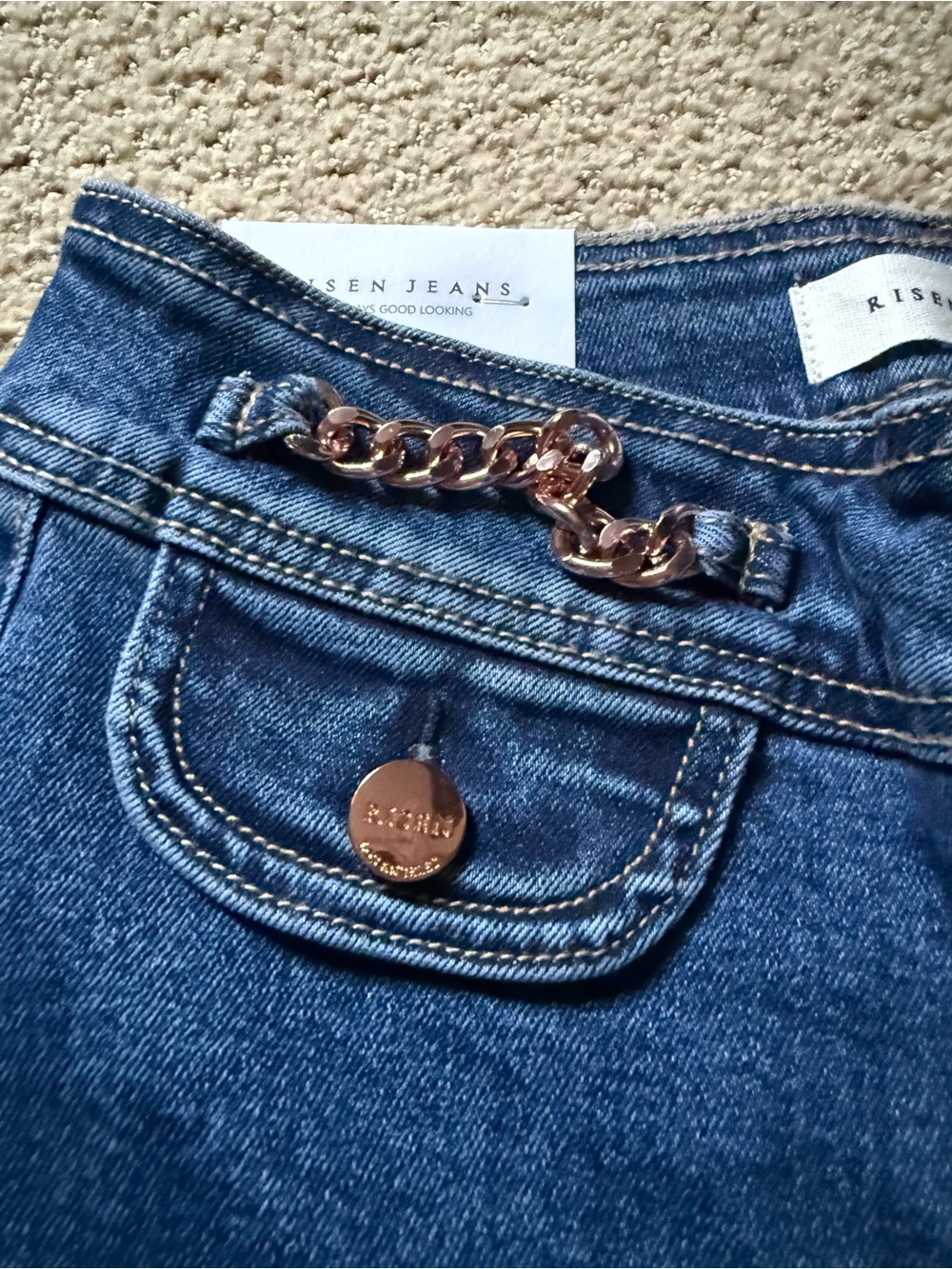 Risen Women's Dark Blue Wide-Leg Jeans with Chain Trim - Picture 2 of 12